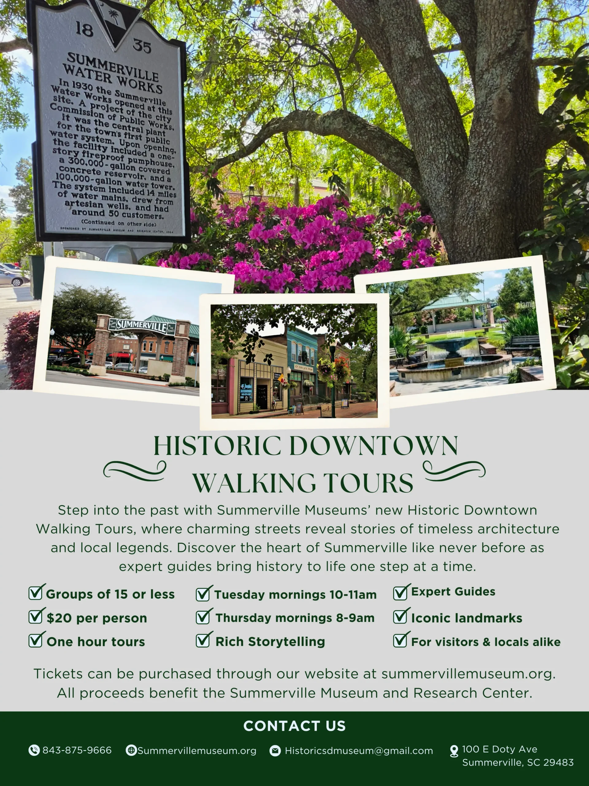Historic Downtown Summerville Walking Tours. One hour tours. Timeless architecture, iconic landmarks, small groups.